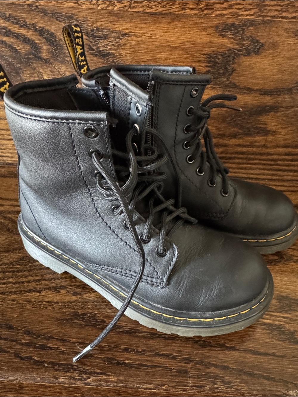 Dr. Martens Black Leather Lace-Up Ankle Boots with Yellow Stitching